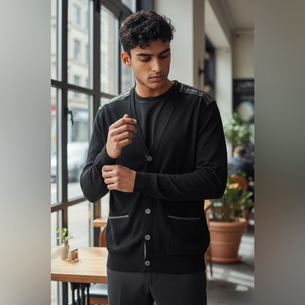 John Varvatos Men's Black Silk V-Neck Knit Cardigan with Leather Trim